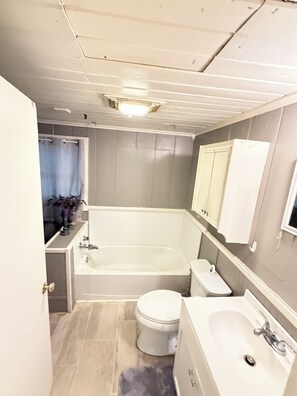 Secadora de cabello, toallas, jabón, papel de baño 