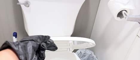 Hair dryer, towels, soap, toilet paper