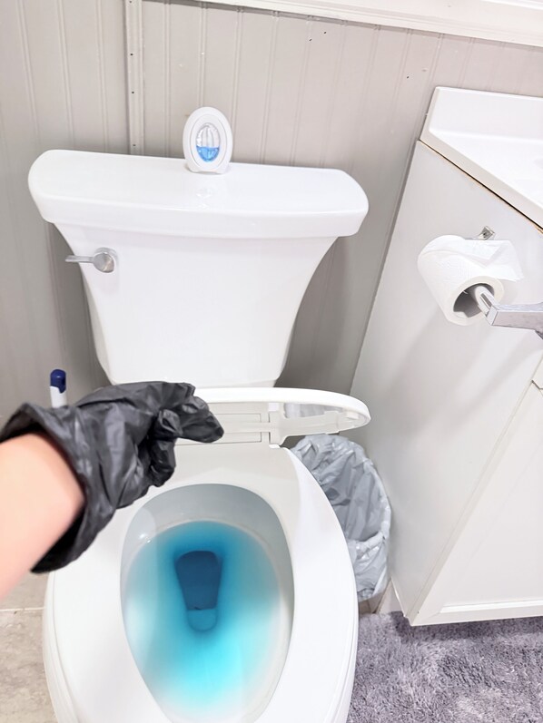 Hair dryer, towels, soap, toilet paper
