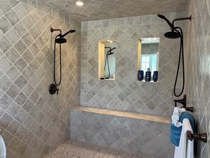 Hair dryer, towels, soap, shampoo
