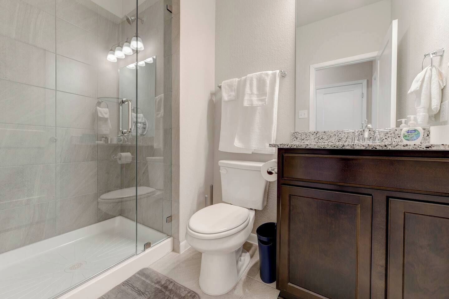 A bathroom with a glass shower enclosure, a toilet, a sink with a dark wooden vanity, and a mirror above the sink.