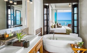 Jetted bath, hair dryer, towels, soap