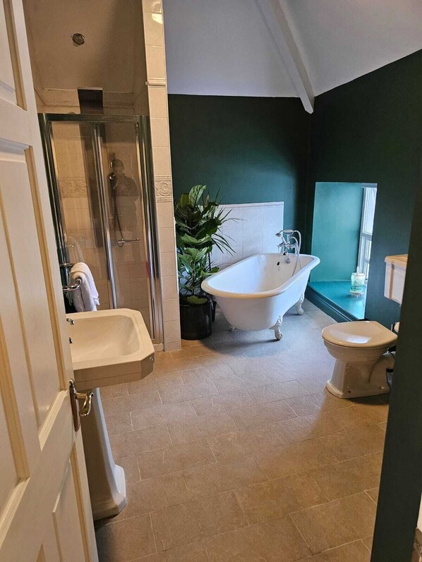 Un baño con una bañera independiente, ducha y retrete.