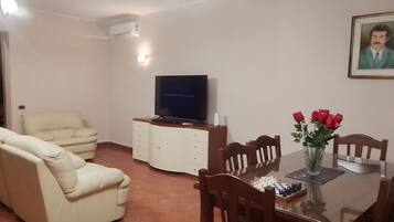 A living room with a sofa, a TV on a stand, a dining table with chairs, and a vase of flowers.