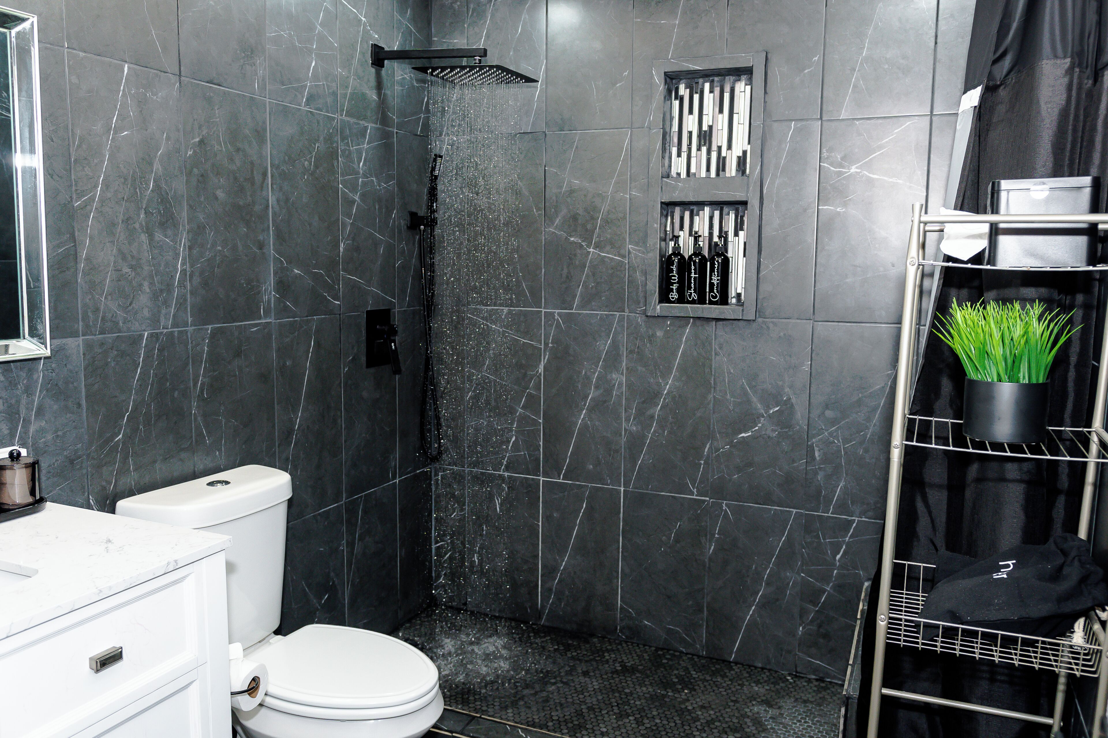Regadera, secadora de cabello, bidet, toallas 