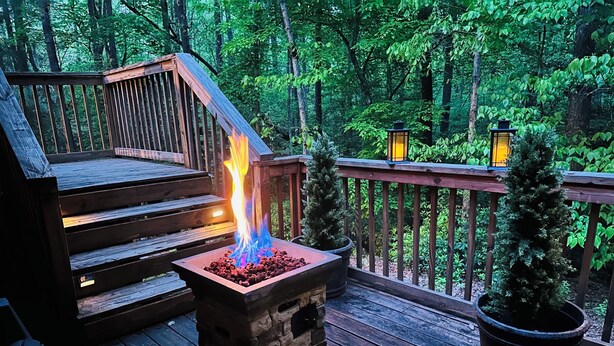 A wooden deck with a stone fire pit and a staircase. - NEW! HOT TUB; FIREPIT; FAST WIFI; Near Blue Ridge, Blairsville, Folk School (Murphy)