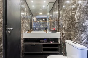 Shower, free toiletries, hair dryer, bidet