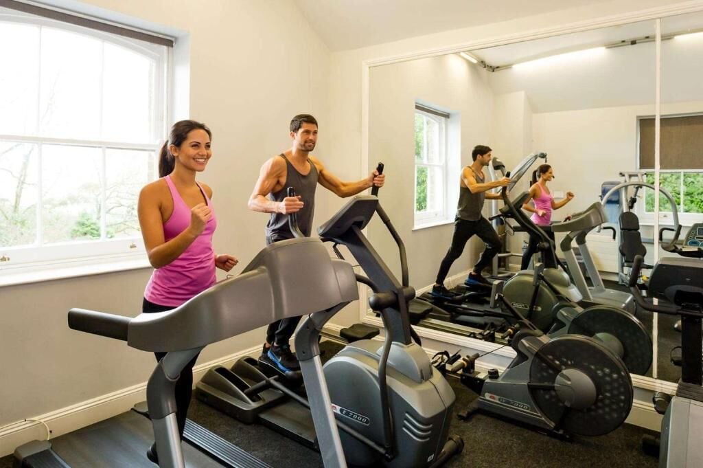 A gym with treadmills, stationary bikes, and weight machines.