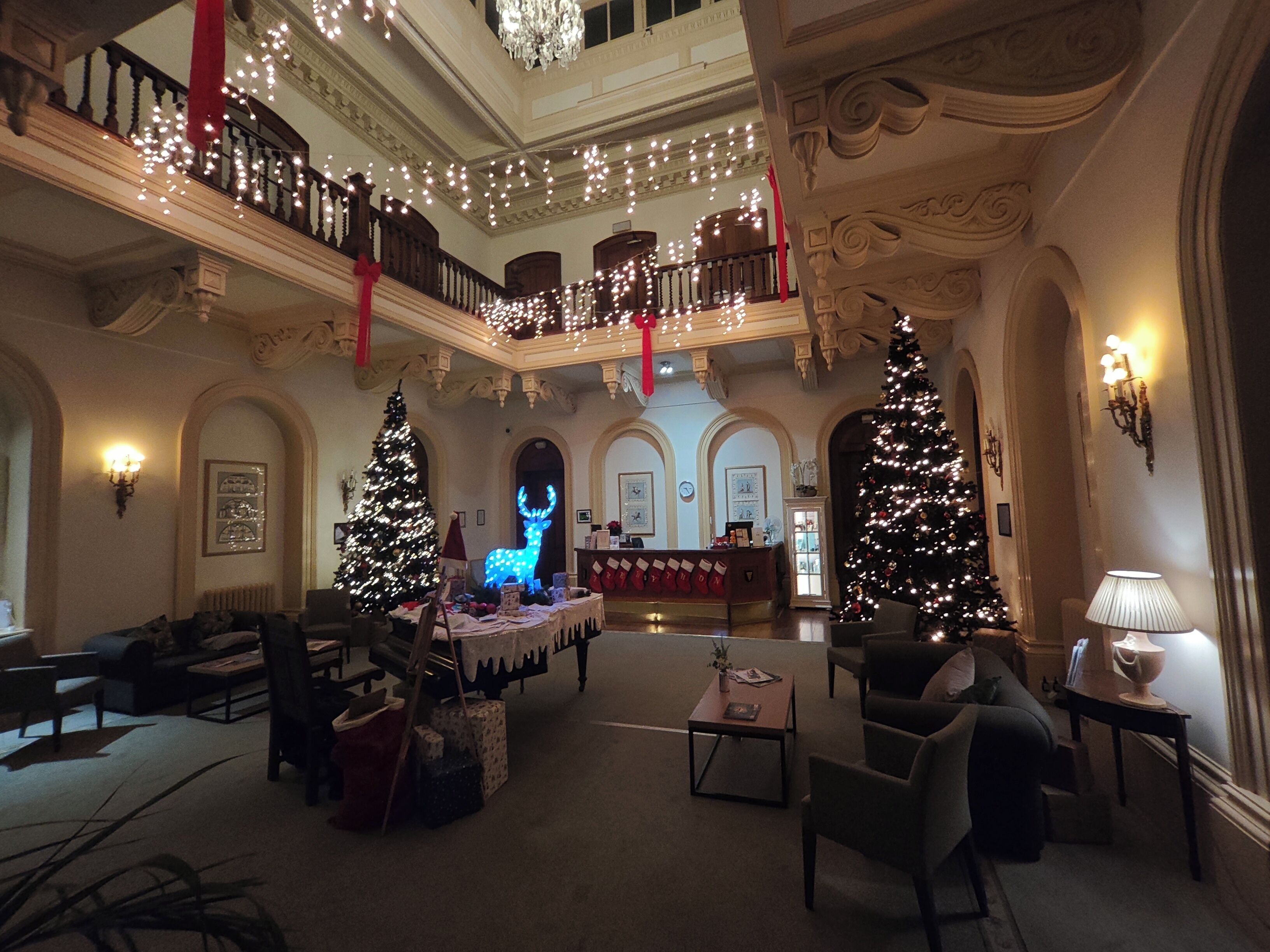 Un vaste hall d’entrée agrémenté de plusieurs sapins de Noël, un comptoir d’accueil et de magnifiques lustres.