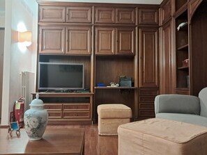 Smart TV, fireplace, video games, DVD player