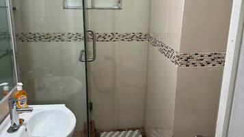 Hair dryer, towels, soap, shampoo