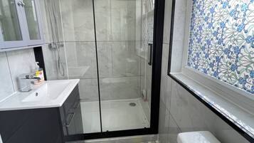 Shower, hair dryer, towels, soap