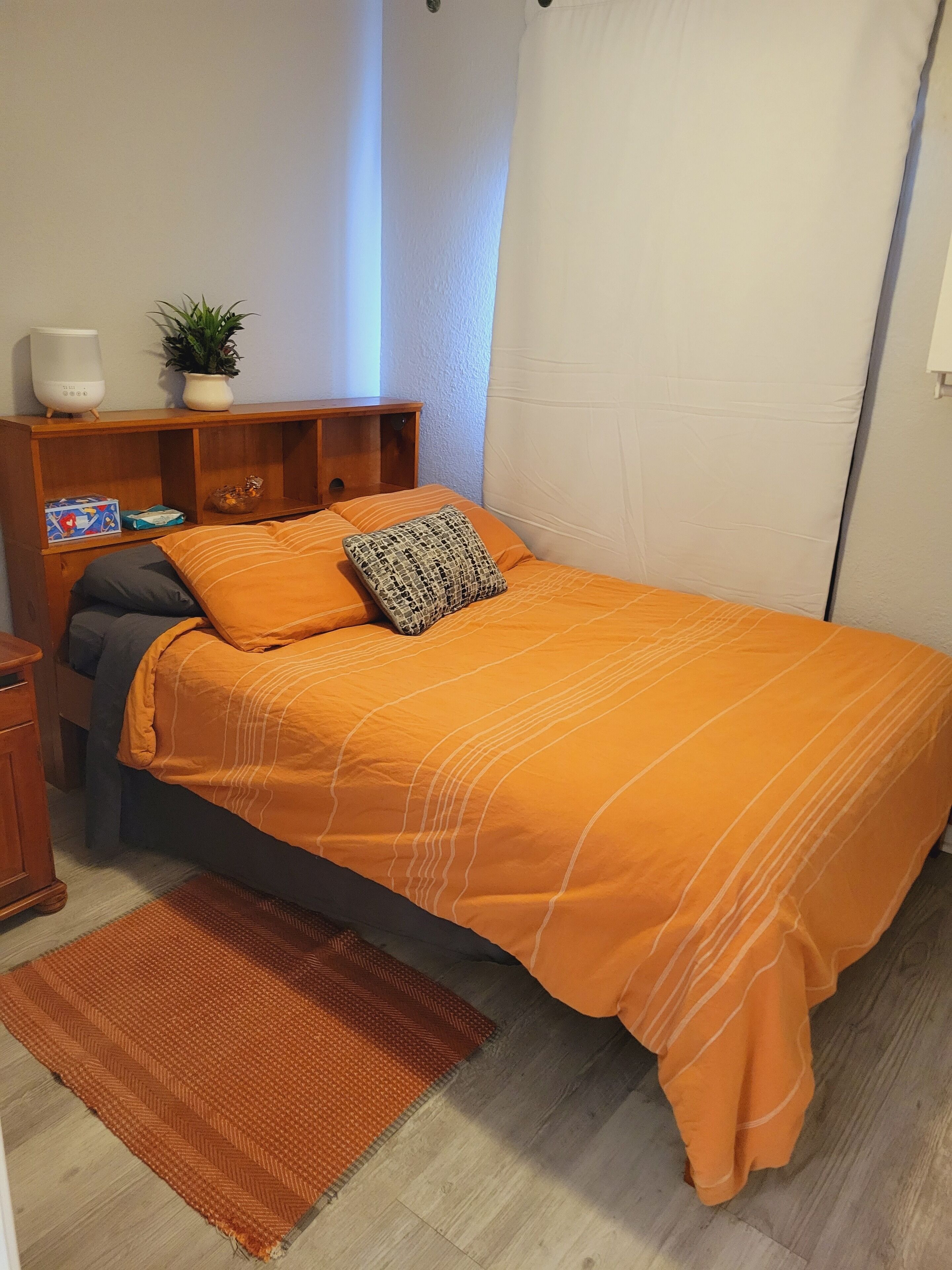 Ein Schlafzimmer mit einem Bett, einem Nachttisch, einer Lampe, einer Topfpflanze und einem Fenster mit Vorhängen.