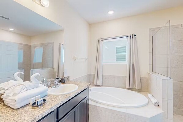 Hair dryer, towels, soap, shampoo