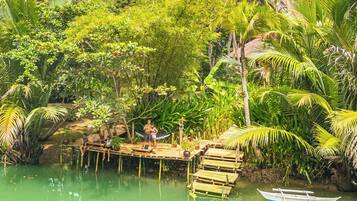 Une jetée en bois s’étendant dans une étendue d’eau verdoyante, entourée d’une végétation tropicale luxuriante.