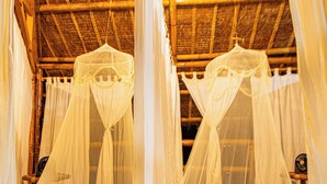 A room with two beds, each with a canopy. The room has a wooden floor and a thatched roof. - Water To Forest Ecolodge (Loboc)
