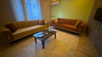 Una sala de estar con dos sofás, una mesa de centro y una alfombra estampada.