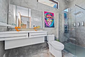Eco-friendly toiletries, hair dryer, towels, soap
