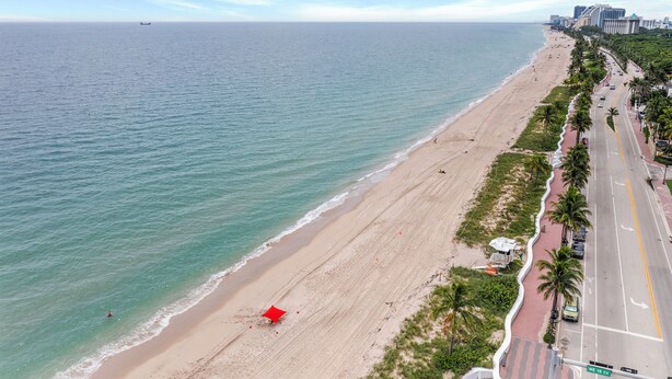 A beach with a road running parallel to it, lined with palm trees and buildings in the background.