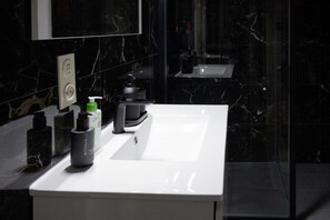 Shower, hair dryer, towels, shampoo