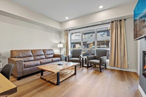 Smart TV, fireplace, books