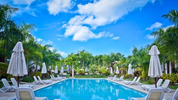 Un área de piscina con sillones de descanso y sombrillas, rodeada de palmeras y un cielo azul despejado.