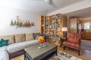 Smart TV, chimenea y libros 