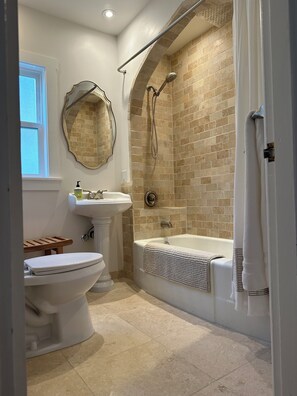 Hair dryer, bidet, towels, soap
