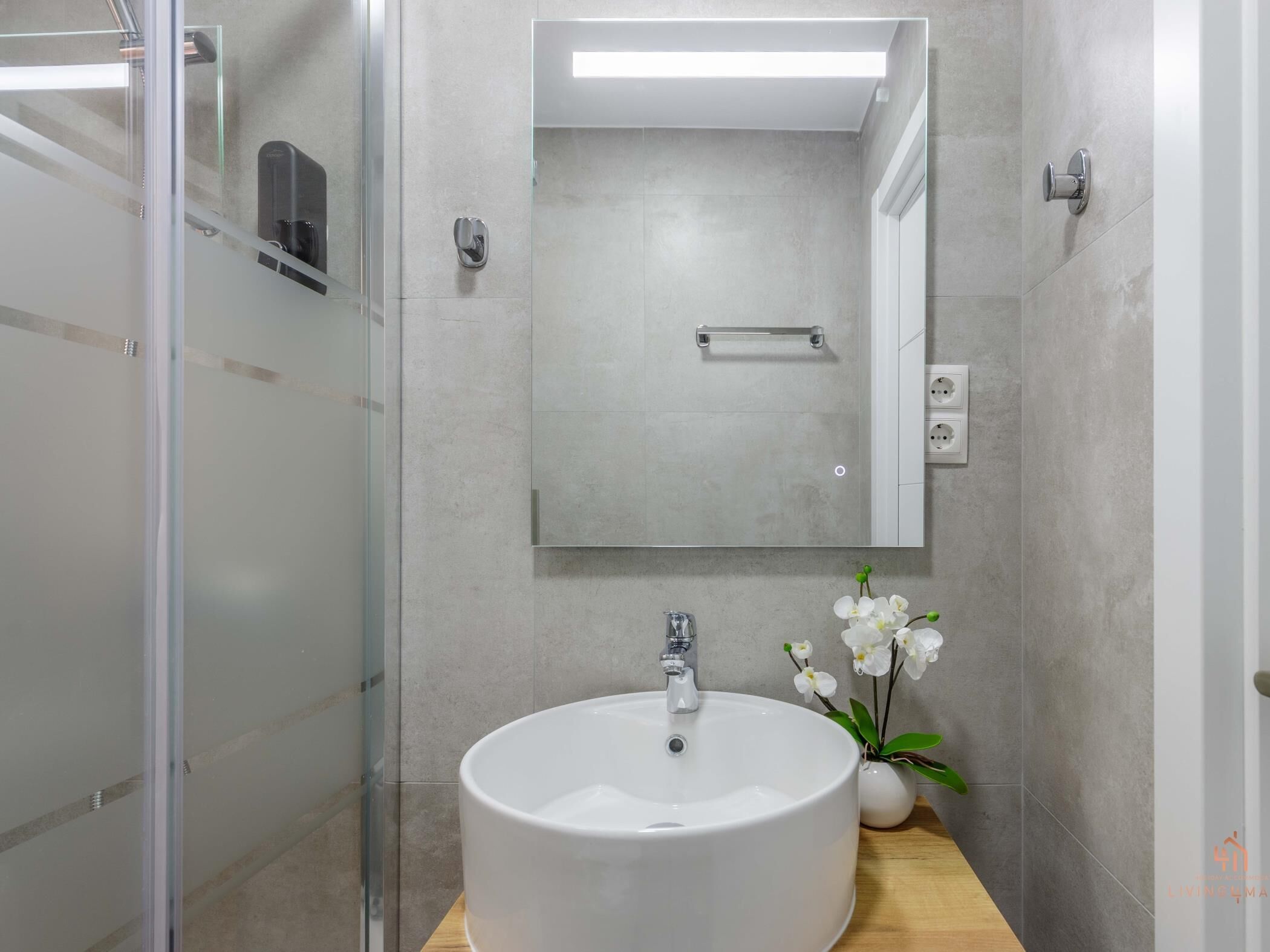 A modern bathroom with a large white sink, a glass shower enclosure, and a mirror above the sink.