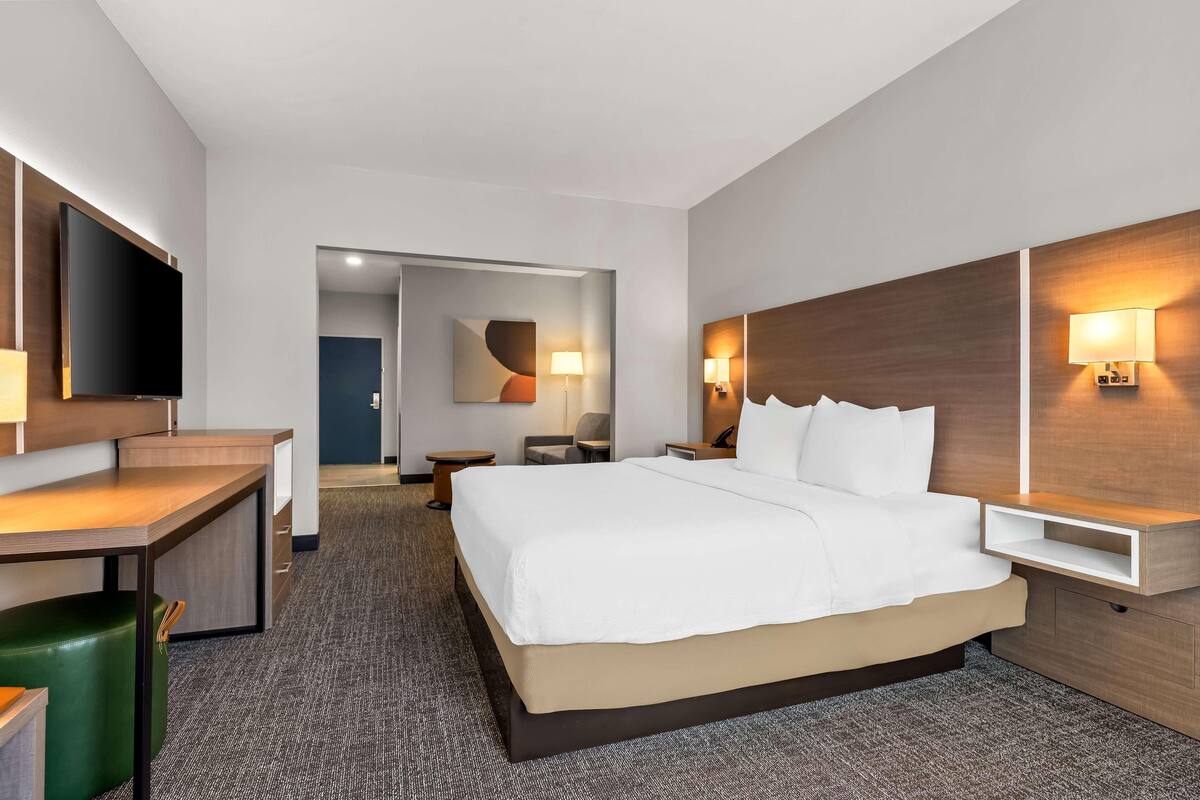 Una habitación de hotel con cama, escritorio, televisor y espejo.
