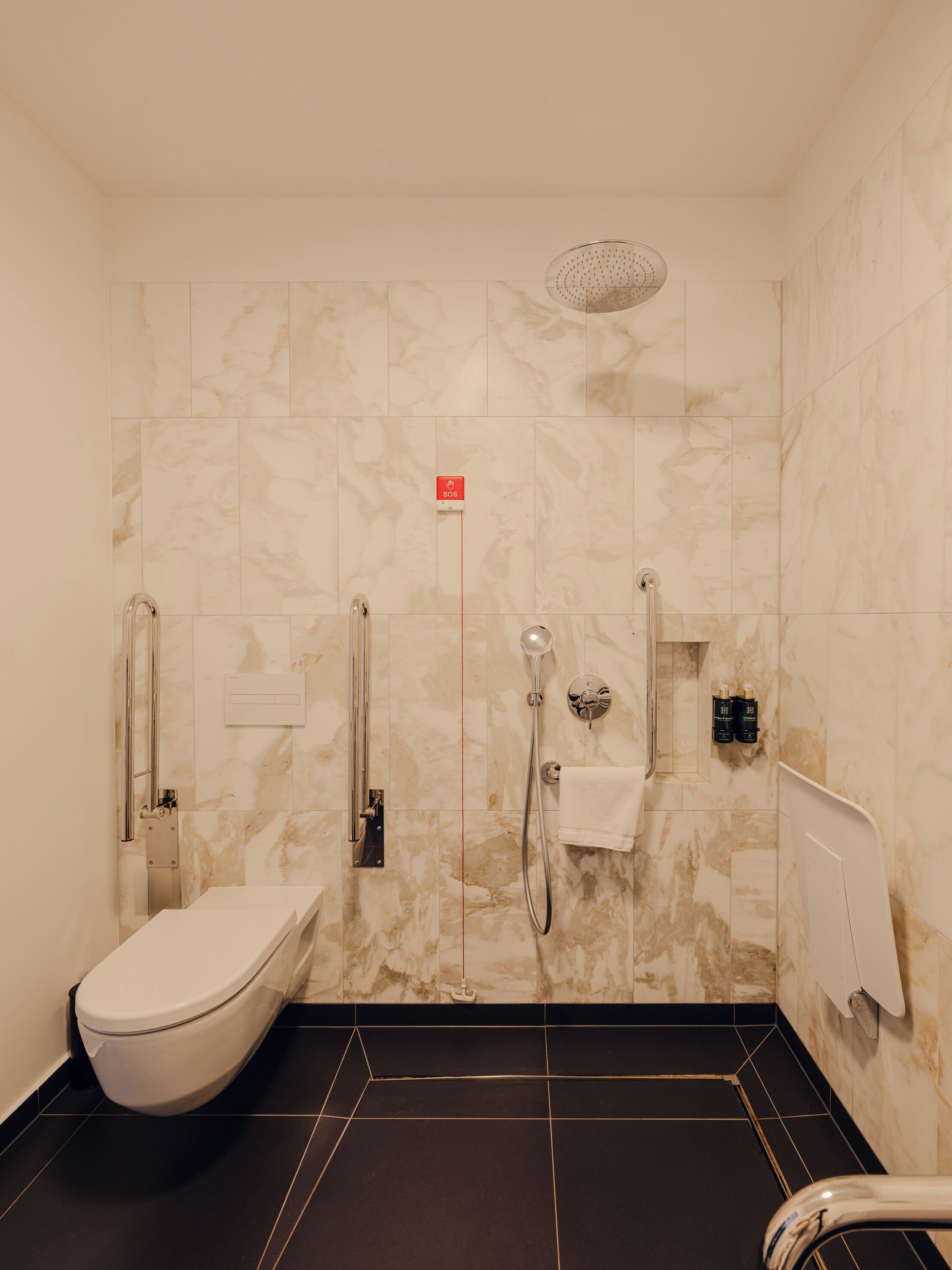Un baño con inodoro, ducha con cabezal de ducha manual y bidé.