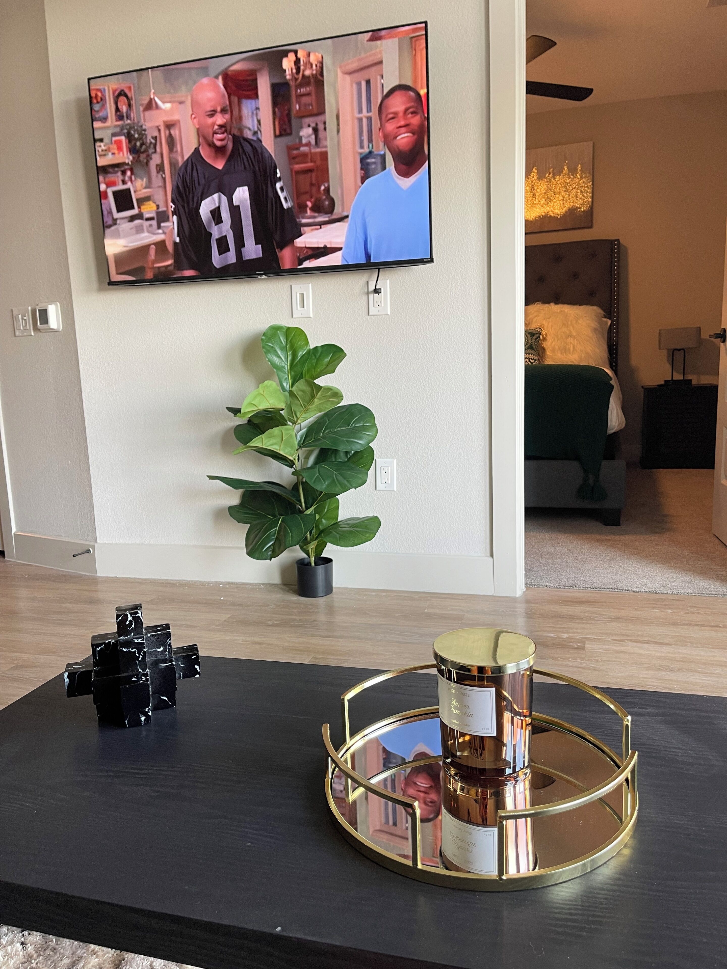 Ett vardagsrum med en tv som är monterad på väggen, en krukväxt, ett runt soffbord med en dekorativ prydnad och en säng med ett grönt överkast i bakgrunden.