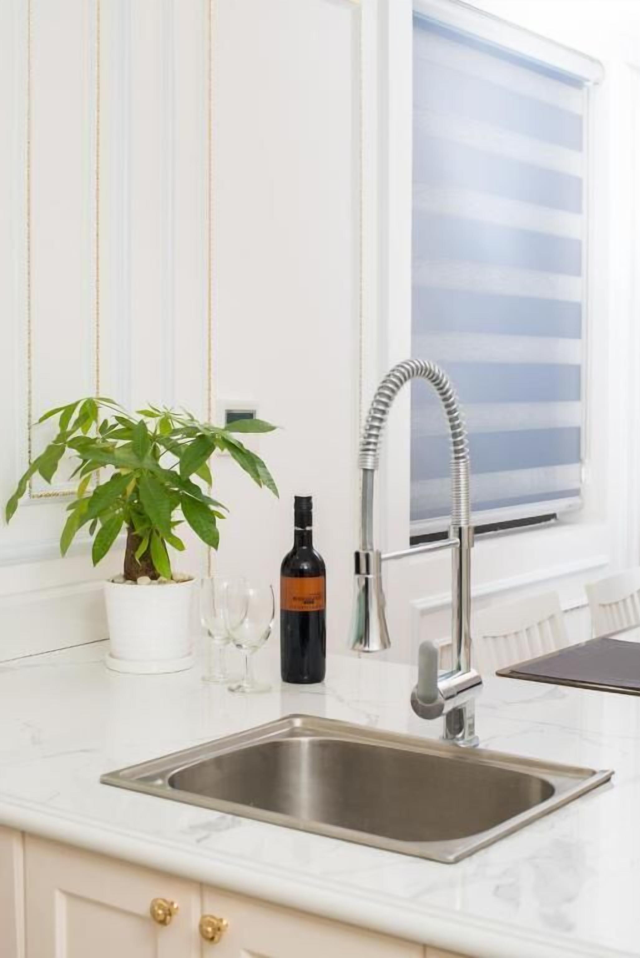 A modern kitchen with a stainless steel sink, a potted plant, wine glasses, and a bottle of wine.
