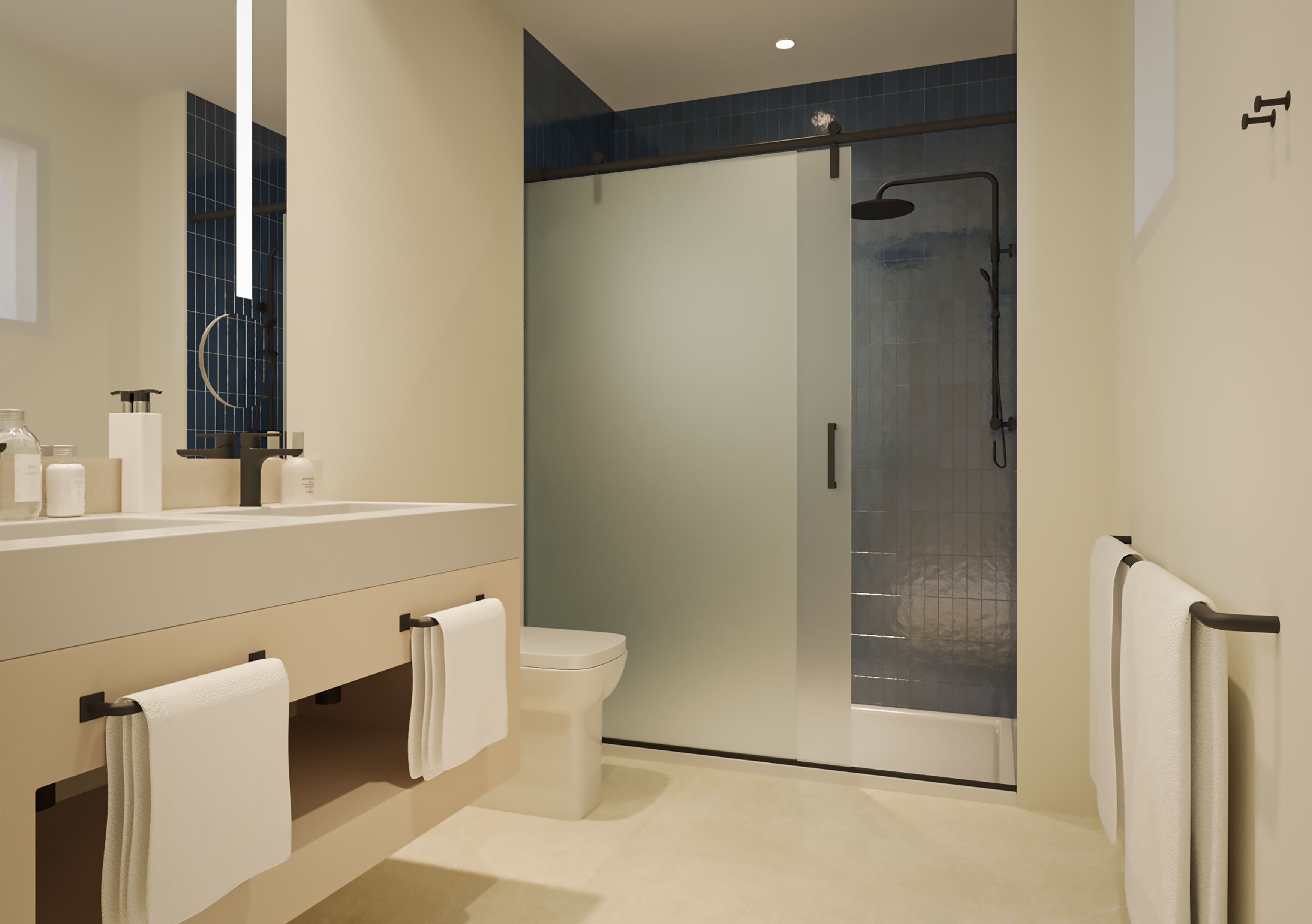 A modern bathroom with a glass-enclosed shower, a white toilet, and a vanity with a mirror and towel racks.