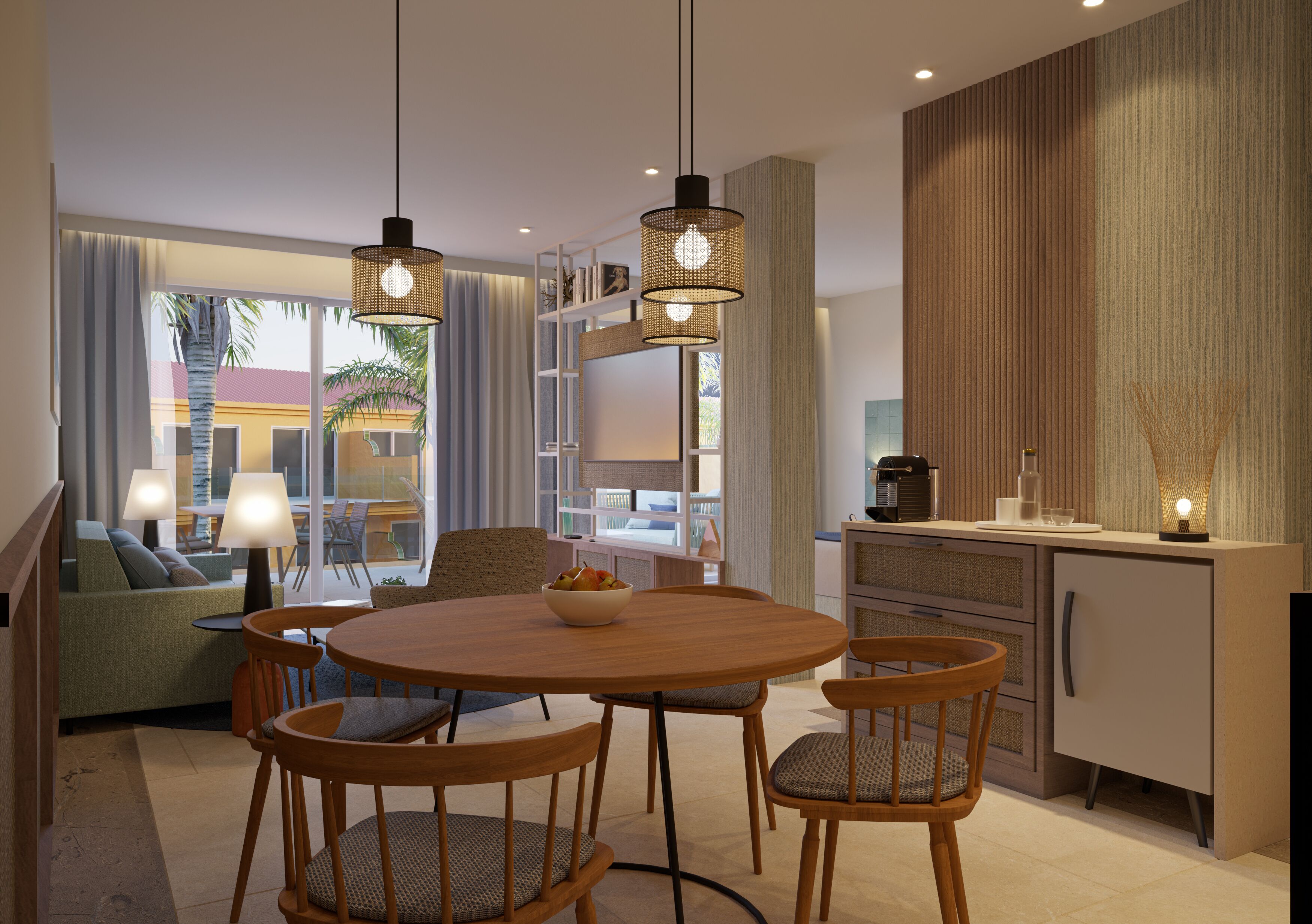 A modern kitchen with a round wooden table, four chairs, pendant lights, and a built-in bookshelf.