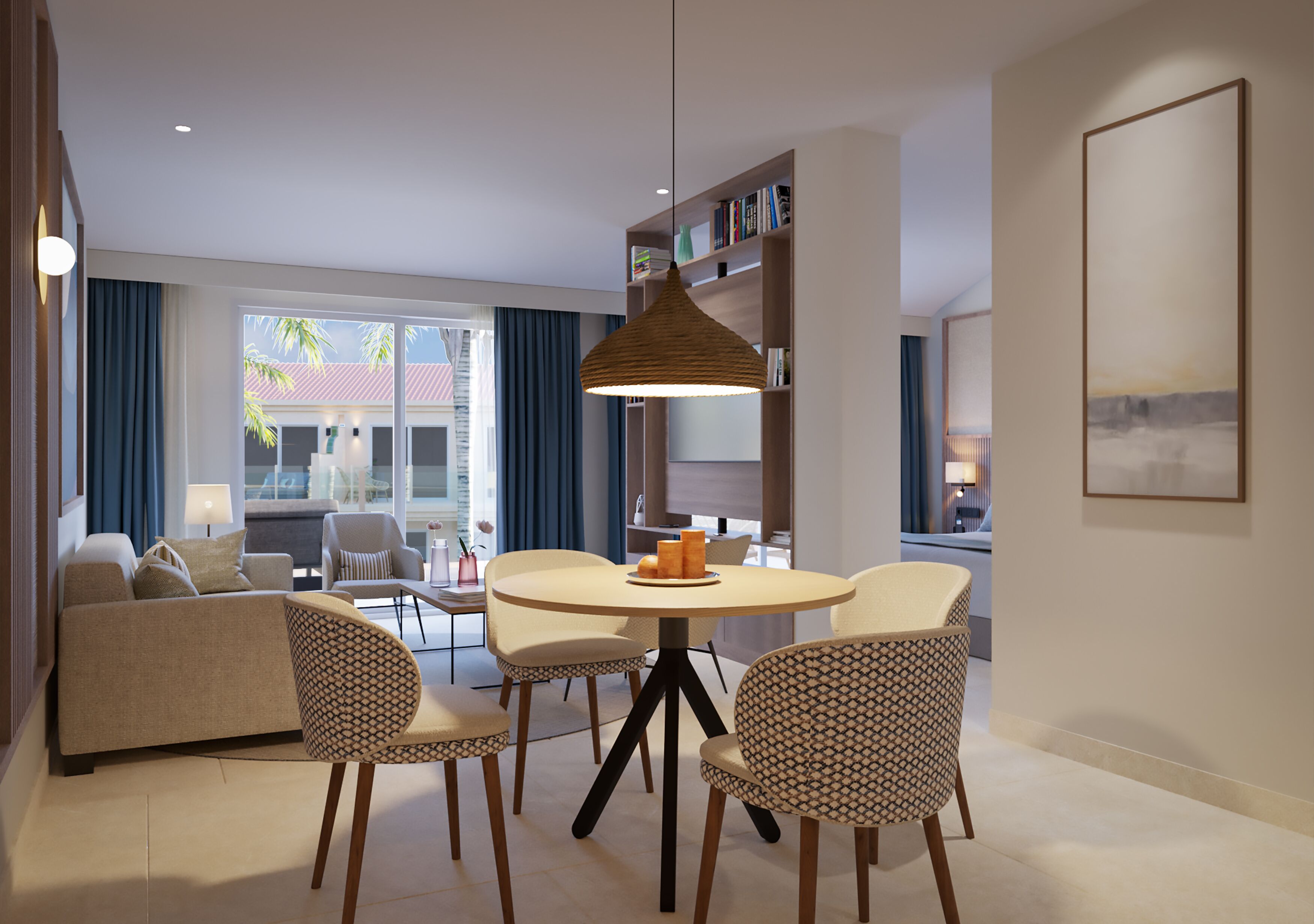 A modern living room with a round table, patterned chairs, a bookshelf, and a large window with curtains.