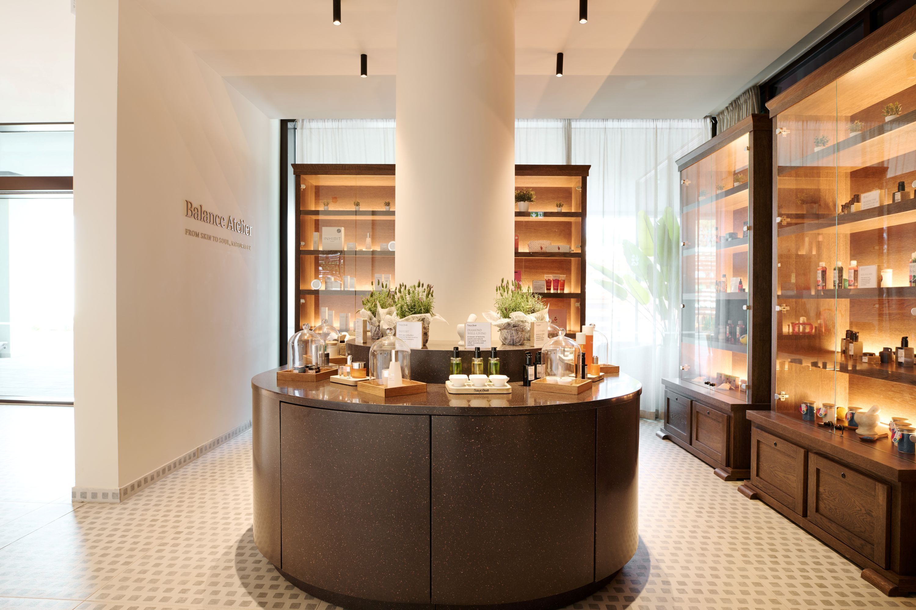 Zona de recepción con mostrador central, vitrinas de vidrio y estanterías con productos.