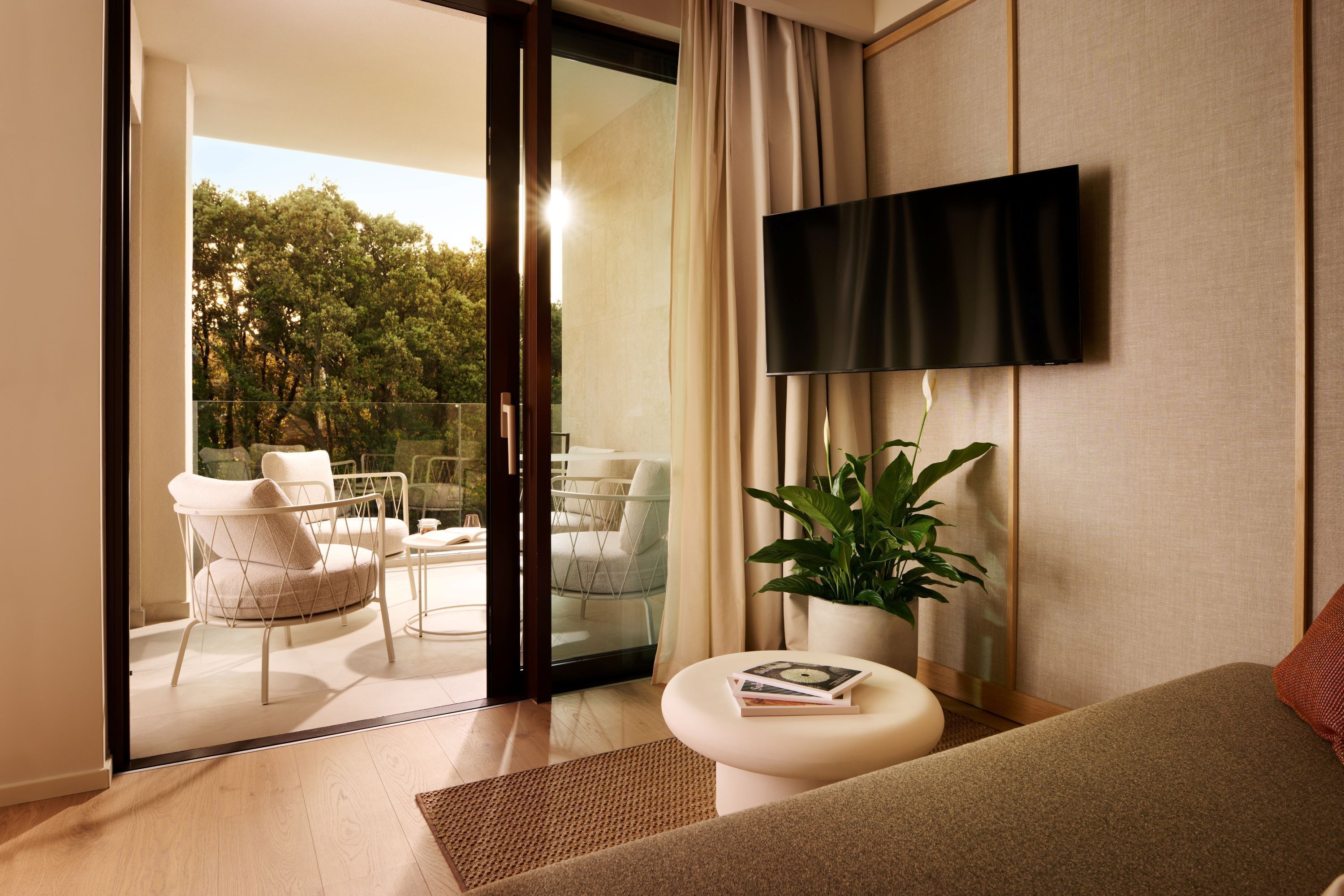 A modern living room with a sofa, a flat-screen TV, a potted plant, and a glass door leading to an outdoor seating area.