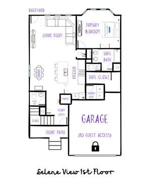 Plano de planta del primer piso que muestra una sala de estar, comedor, cocina, dos dormitorios, un baño, armario suite, lavandería, aseo, un patio delantero y un garaje.