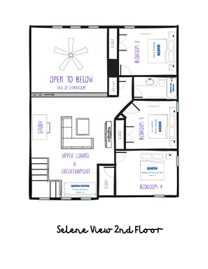 Distribución del segundo piso de un hotel llamado 'Selene View', con un estudio, sala superior y entretenimiento, dos habitaciones con camas tamaño 'Queen' de espuma viscoelástica, y una habitación con futón.