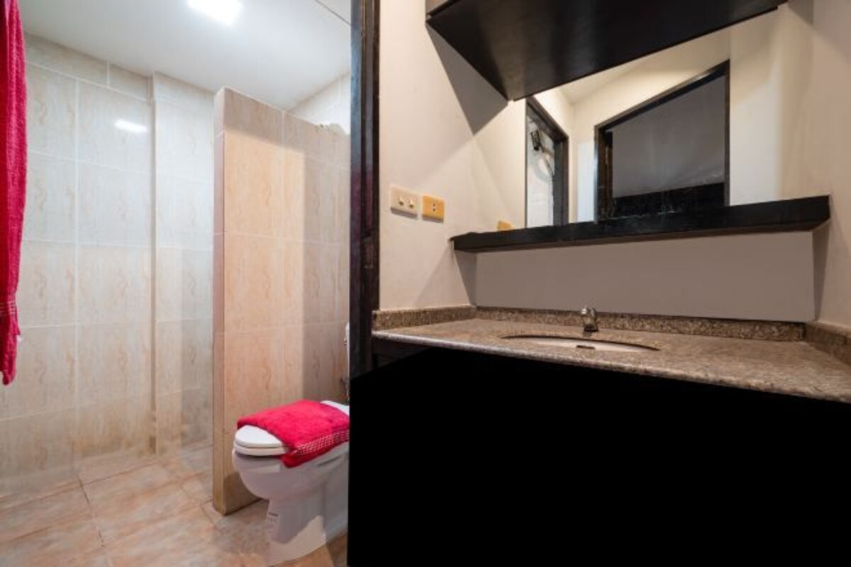 A bathroom with a toilet, a sink, and a mirror.