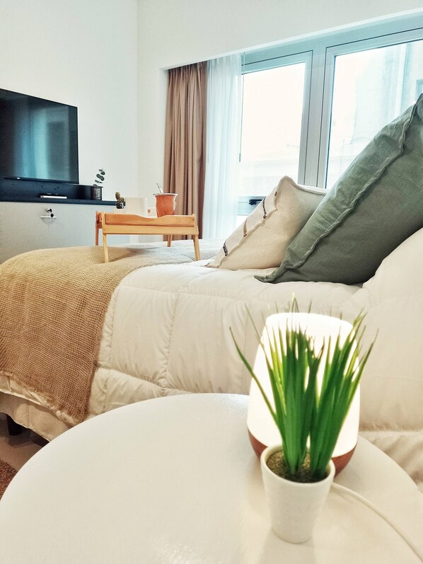 A modern bedroom with a bed, a TV, a small table with a plant, and a window with curtains. - Modern Studio at the Heart of San Telmo With Pool (Buenos Aires)