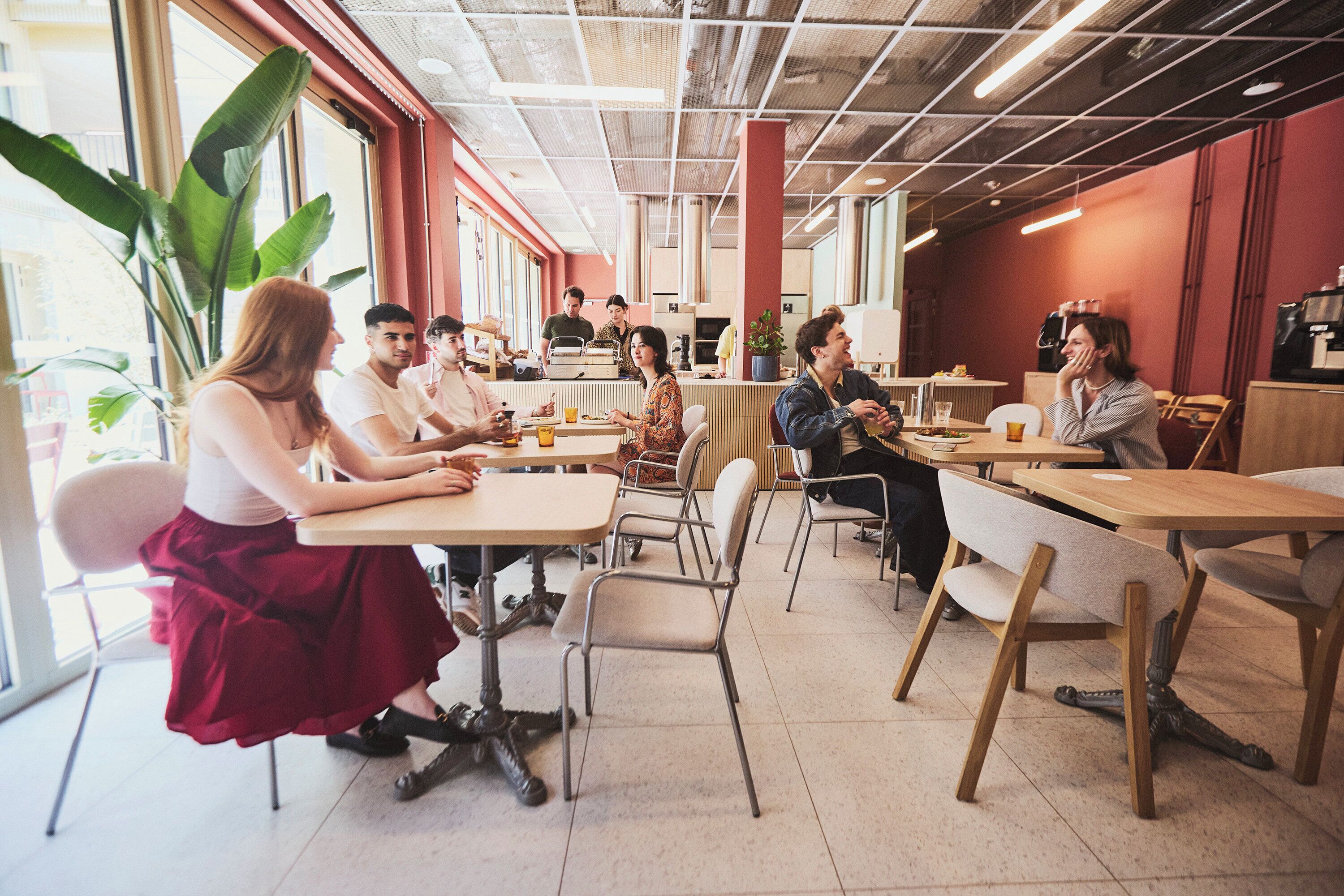 A modern cafe with wooden tables and chairs, large windows, and indoor plants.