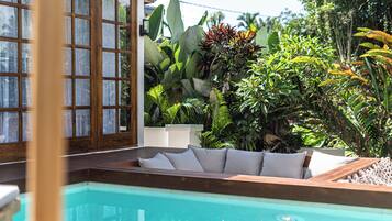 Outdoor pool, pool umbrellas, pool loungers