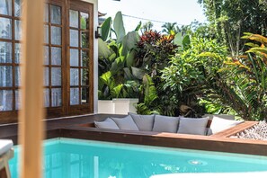 Outdoor pool, pool umbrellas, pool loungers