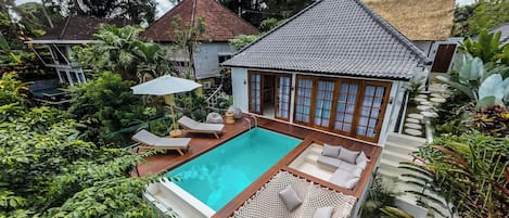 Outdoor pool, pool umbrellas, pool loungers