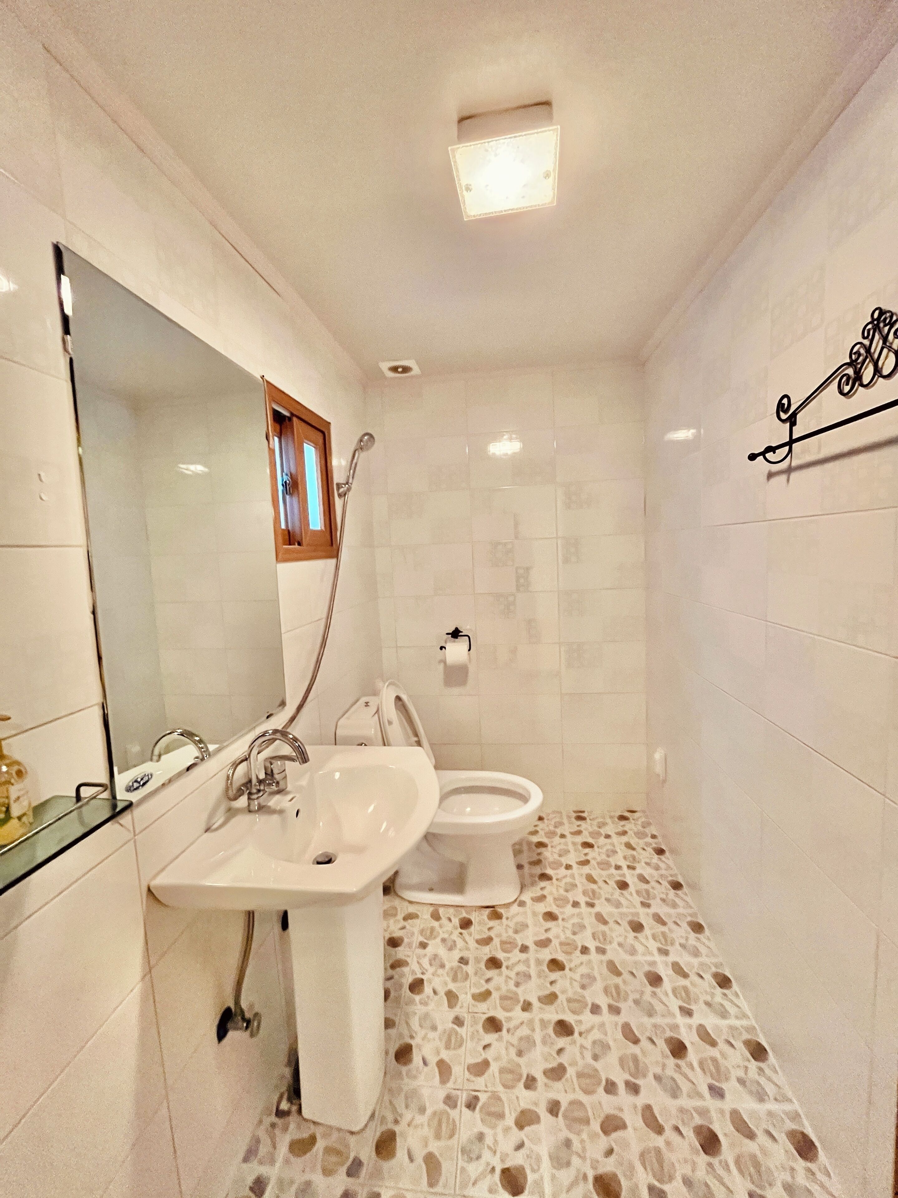 Ein Badezimmer mit Waschbecken, Toilette und Dusche.