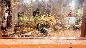 A wooden deck with a glass enclosure, featuring a garden with various plants and a stone pathway.