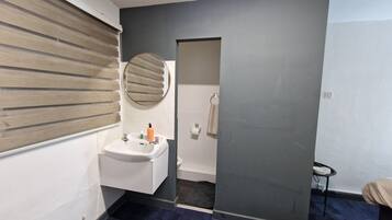 Shower, towels, shampoo, toilet paper
