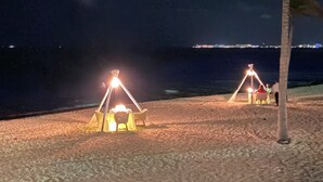 Een strand met twee verlichte tenten, een palmboom en uitzicht op zee 's nachts.